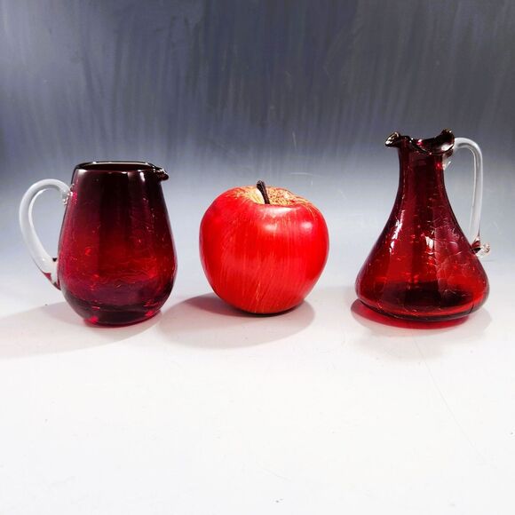 Pilgrim & Rainbow Glass Mini Pitcher Syrup Vase Set of 3 Ruby Red Crackle VTG - Picture 5 of 11